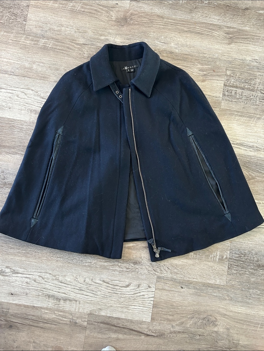 Theory Black Wool Cape Coat with Zip